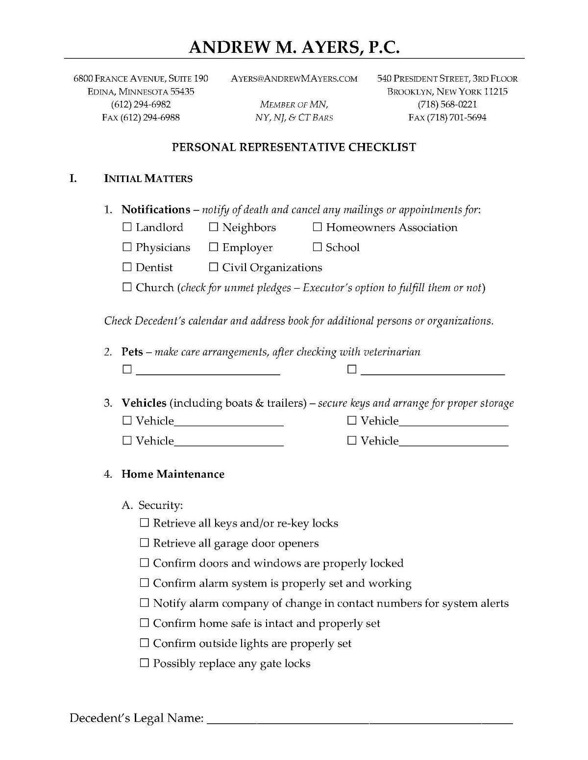 Personal Representative Checklist